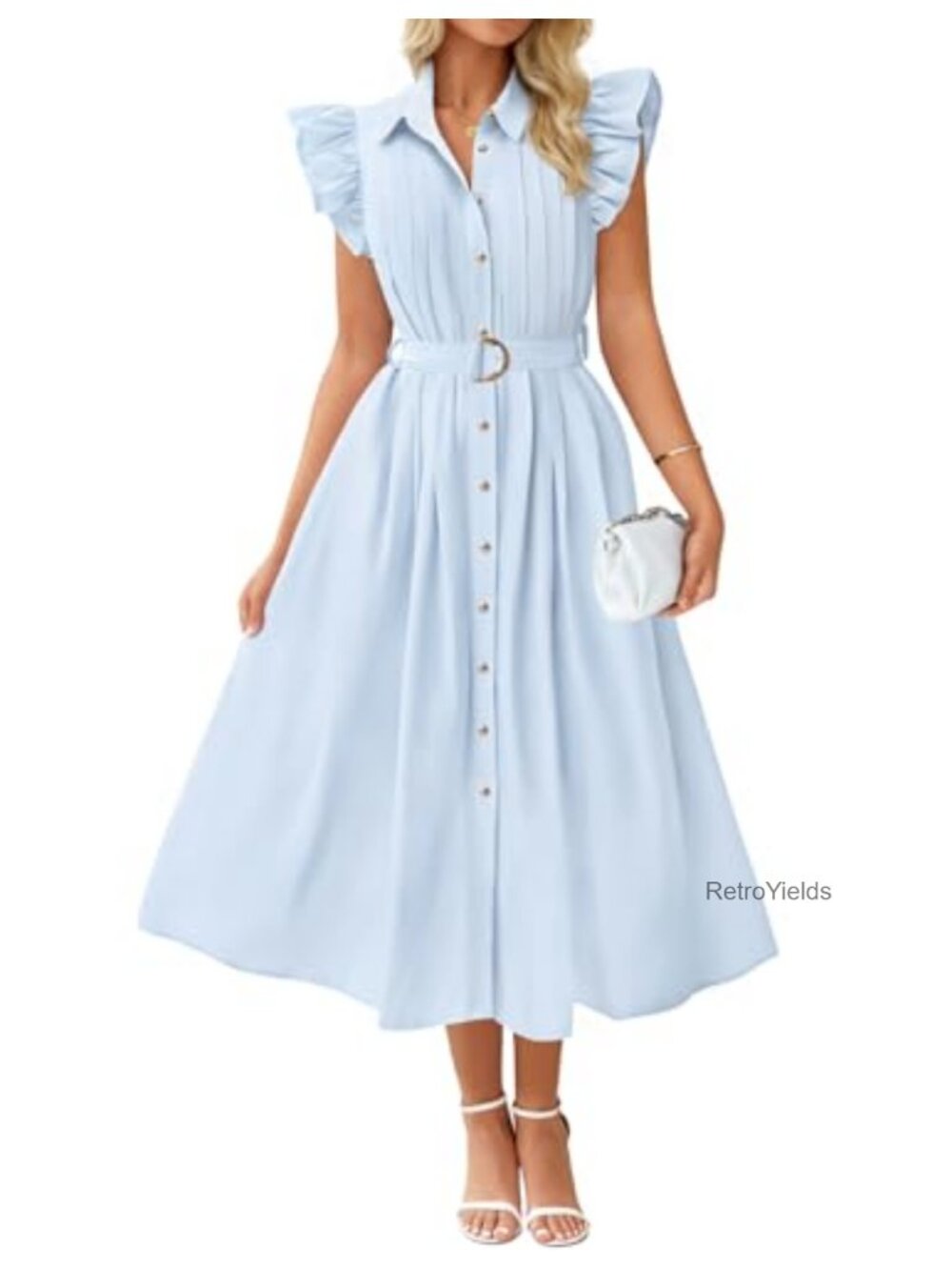 Flutter Sleeve Midi Dress with Pockets Belted A-Line